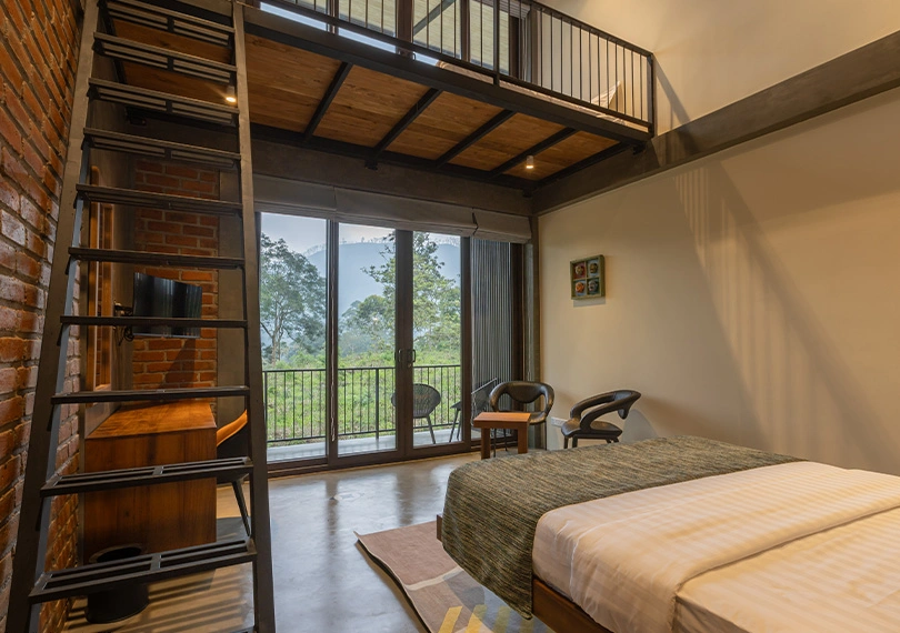 one bed with the mountain view